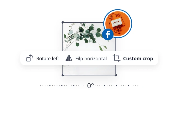SocialBee image editing interface for Facebook images with custom crop, rotate left, and flip horizontal tools displayed over a plant photo.