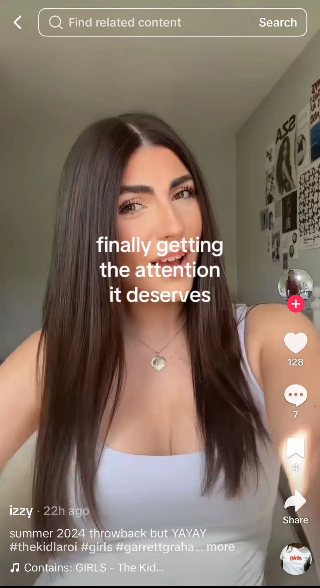 TikTok video of a woman with long dark hair speaking to the camera, with text overlay saying “finally getting the attention it deserves,” referencing a song gaining popularity again.