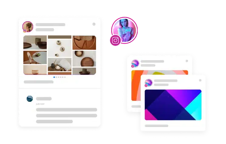 Mockup of Instagram collage and carousel post layouts featuring aesthetic home decor photos and colorful graphic posts with Instagram profile icons.