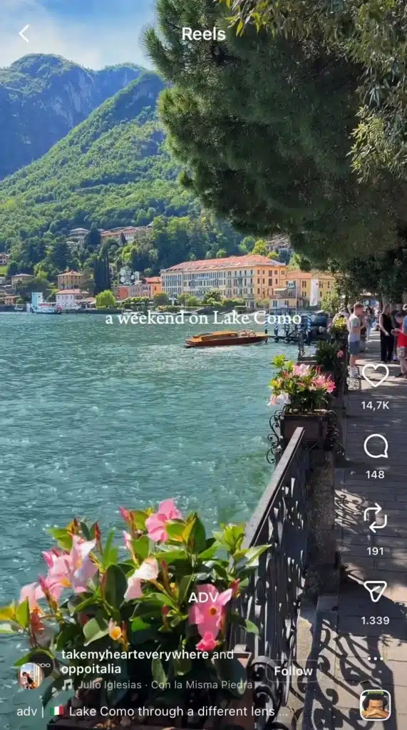 Scenic view of Lake Como with turquoise water, mountains, lakeside buildings, flowers, and a wooden boat near a promenade; text reads “a weekend on Lake Como.”