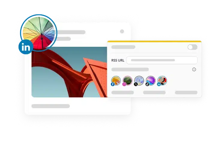 Mockup of a LinkedIn post with a colorful abstract sculpture image beside a social media publishing interface showing an RSS feed setup and multiple connected platform icons.