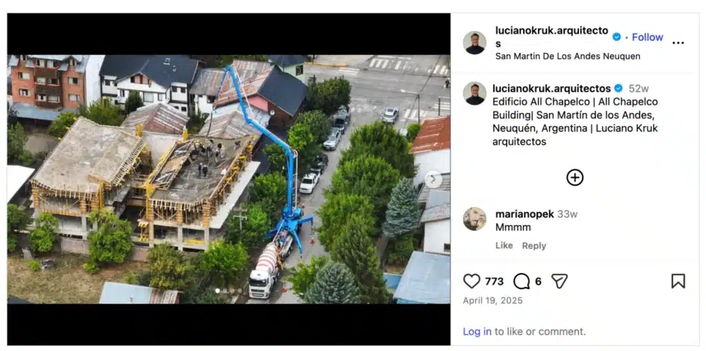 Instagram carousel post featuring a contemporary apartment building with vertical wood slats and landscaped gardens in Argentina.
