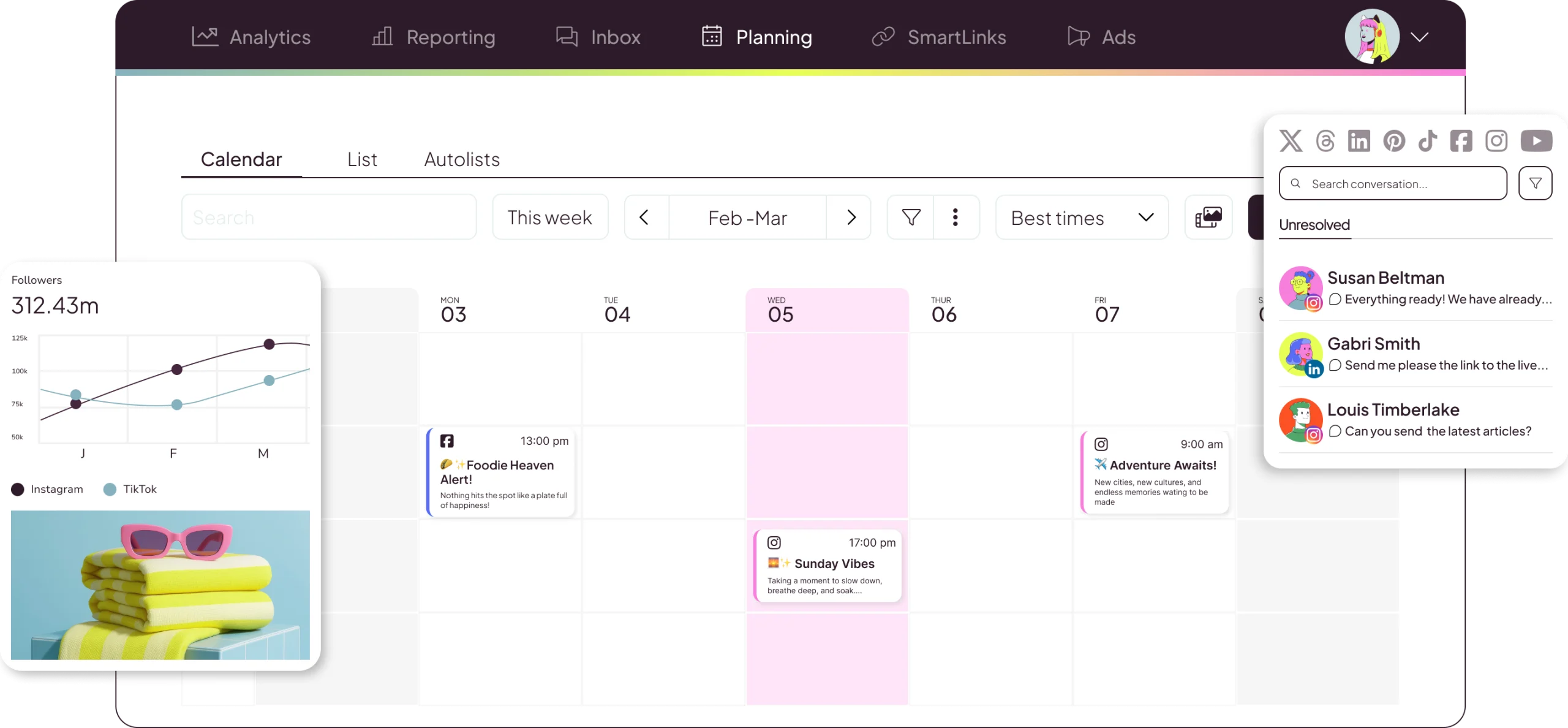 Metricool’s social media management dashboard showing a weekly content planning calendar, follower analytics chart, and unified inbox for managing Instagram, TikTok, Facebook, LinkedIn, Pinterest, and other social media conversations.