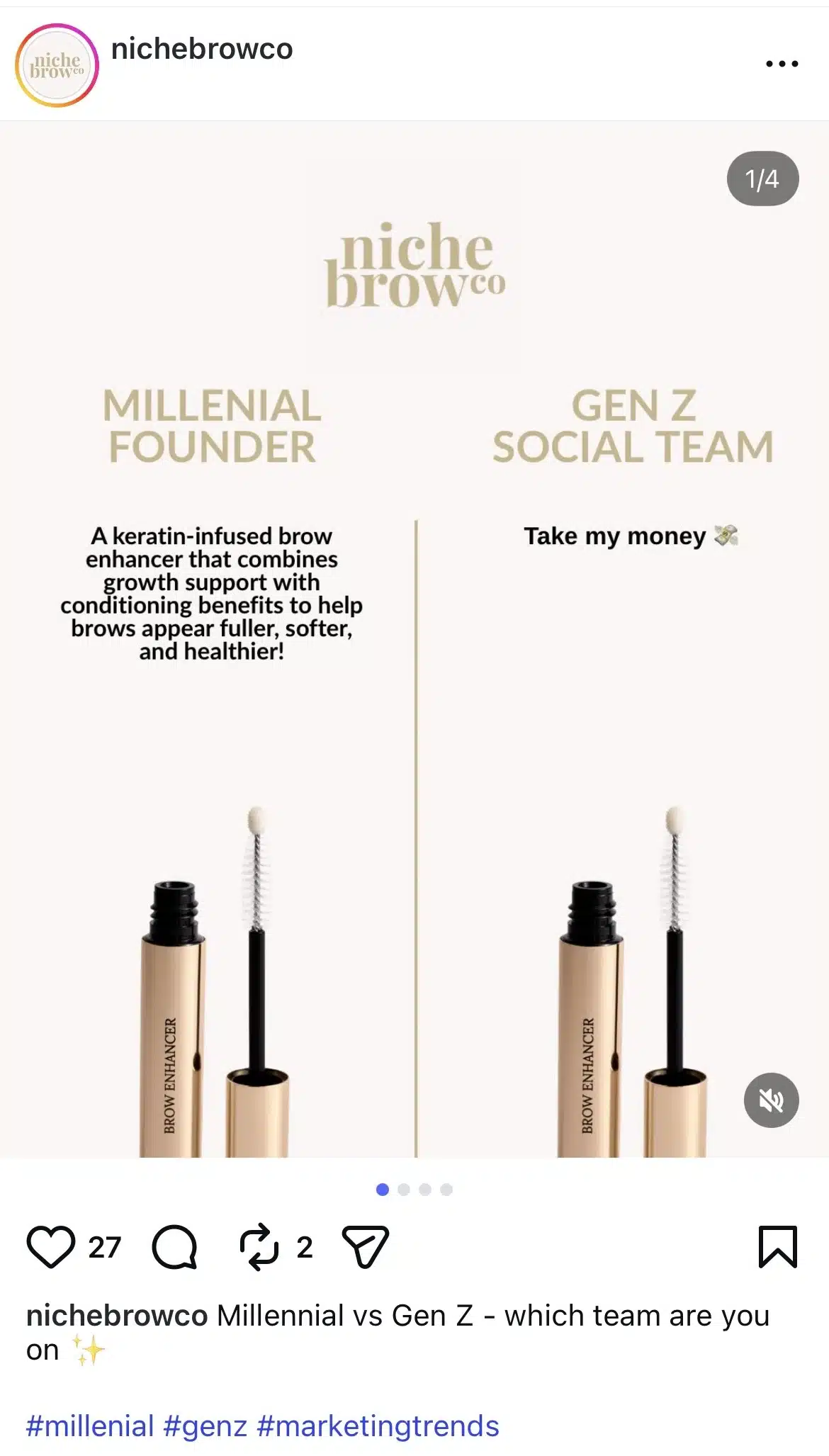 Instagram carousel post from @nichebrowco comparing “Millennial Founder” and “Gen Z Social Team” marketing styles for a brow enhancer product, highlighting detailed product-focused copy versus a short trend-driven response.
