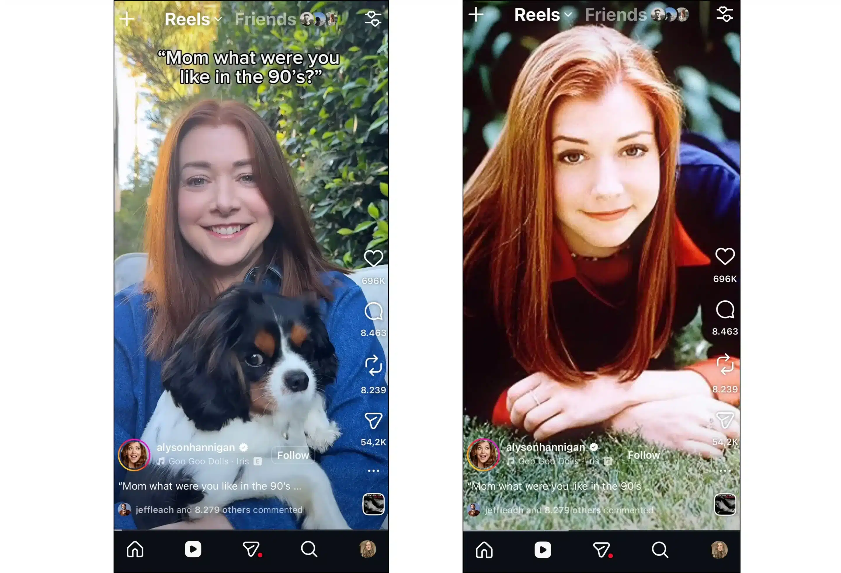 Side-by-side Instagram Reel screenshots from Alyson Hannigan comparing a current selfie with her dog to a 1990s promotional photo, with the caption “Mom what were you like in the 90’s?”