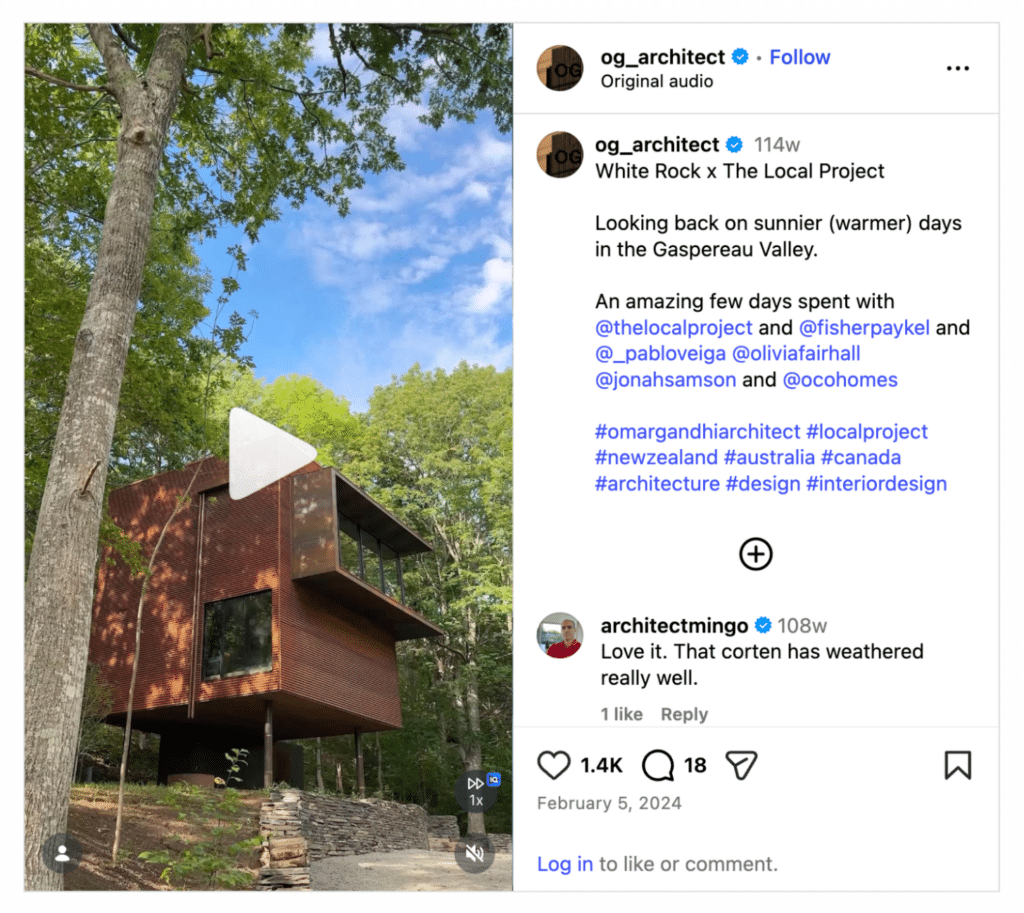 Instagram reel of a modern corten steel cabin elevated in a forest landscape with architecture and design-related captions.