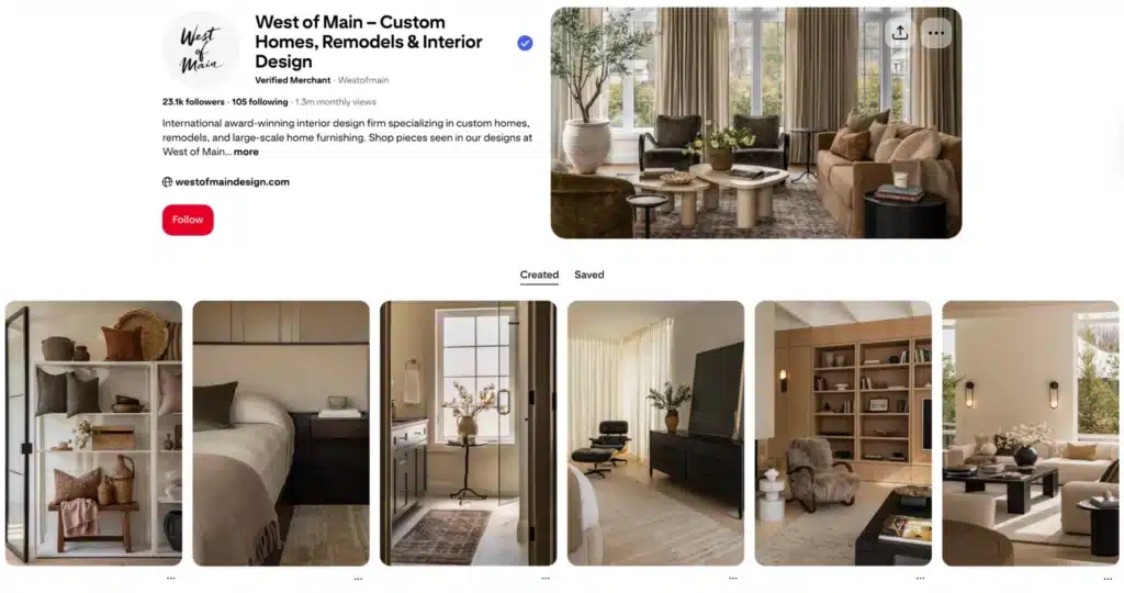 Pinterest-style interior design profile featuring warm neutral-toned modern interiors, custom homes, and curated living spaces.