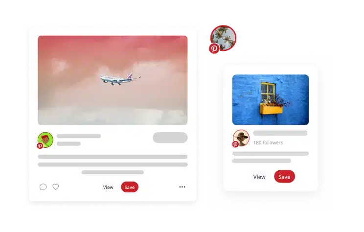 Mockup of Pinterest posts displayed in desktop and mobile card layouts, featuring travel and architecture photos with Pinterest profile icons and “Save” buttons.