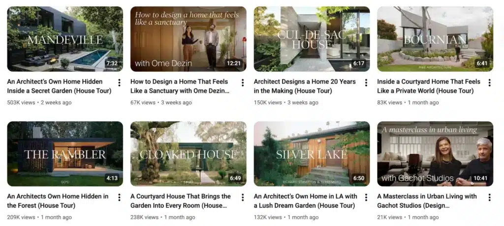 YouTube architecture and home tour thumbnails showcasing luxury homes, courtyard houses, and architect-designed residences.