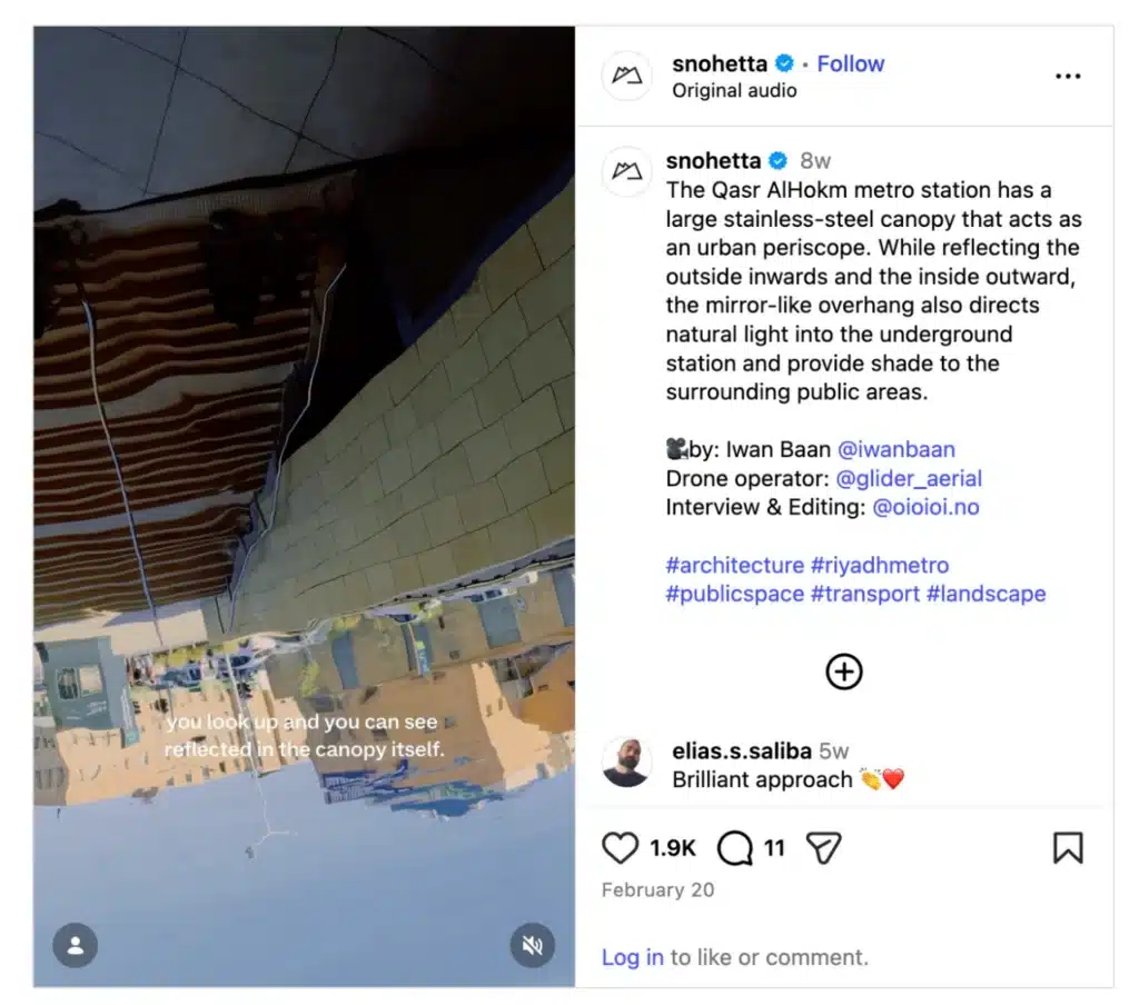 Instagram reel by Snøhetta showing the reflective stainless-steel canopy of the Qasr AlHokm metro station in Riyadh.