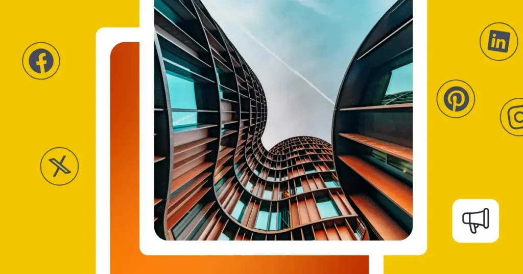 Abstract architectural building with curved modern facades viewed from below, surrounded by social media icons on a bright yellow and orange graphic background.