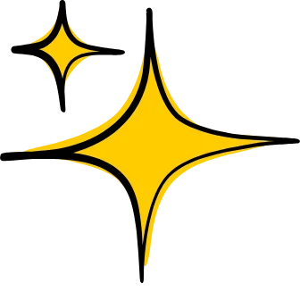 Yellow sparkle doodle graphic with one large four-point star and one smaller star on a transparent background.