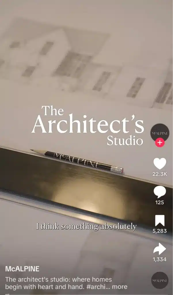 TikTok video titled “The Architect’s Studio” showing architectural sketches, drafting tools, and a pencil on a design desk.
