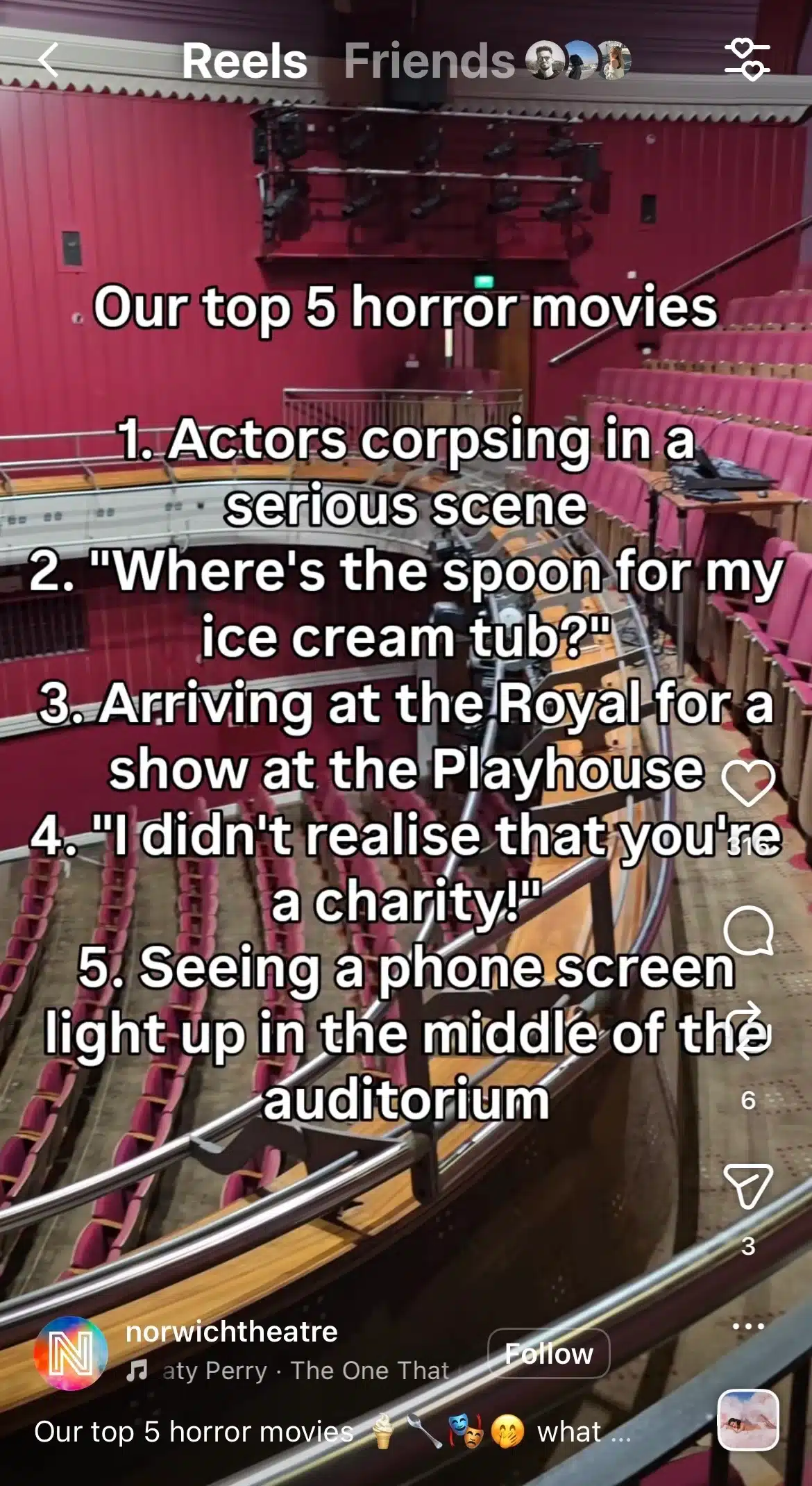 Instagram Reel from Norwich Theatre showing an empty theater auditorium with overlaid text listing “Our top 5 horror movies,” joking about common theater audience frustrations like phones lighting up during performances.