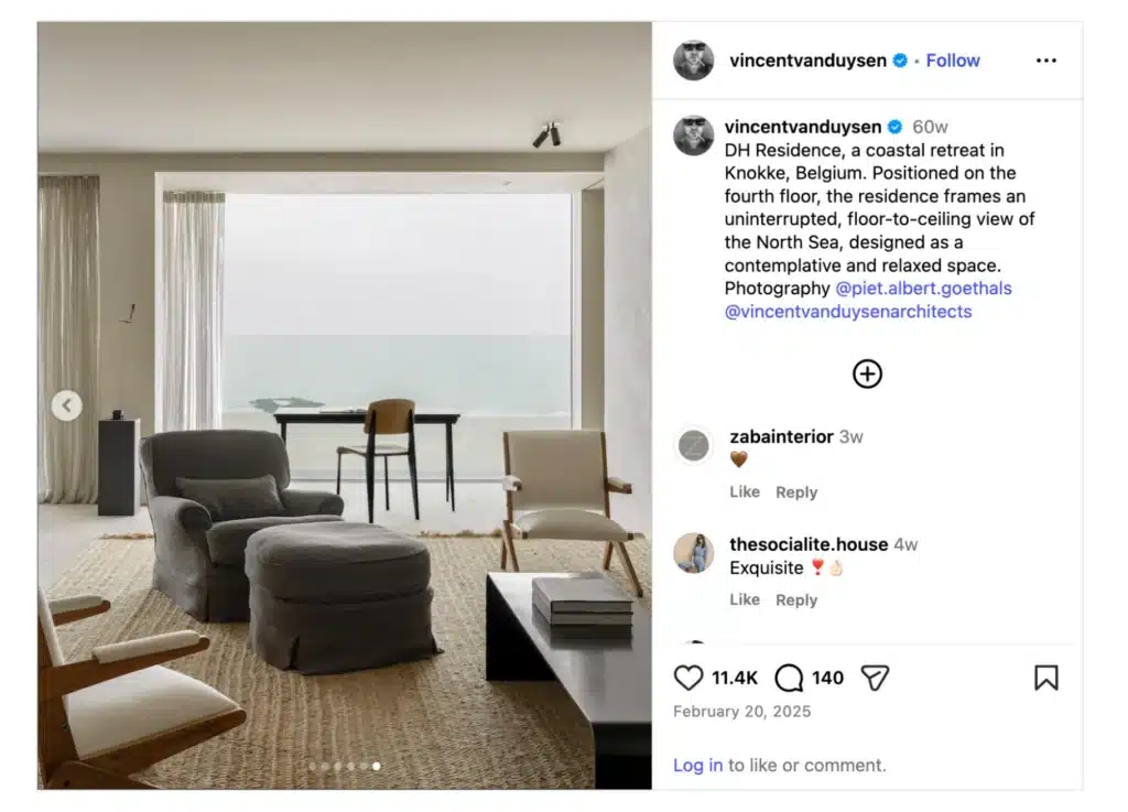Instagram post featuring a minimalist coastal living room by Vincent Van Duysen with floor-to-ceiling ocean views and neutral furnishings.