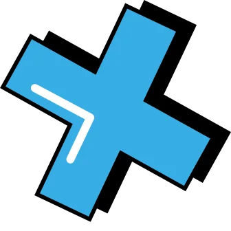 Blue “X” doodle graphic with white arrow detail on a transparent background.