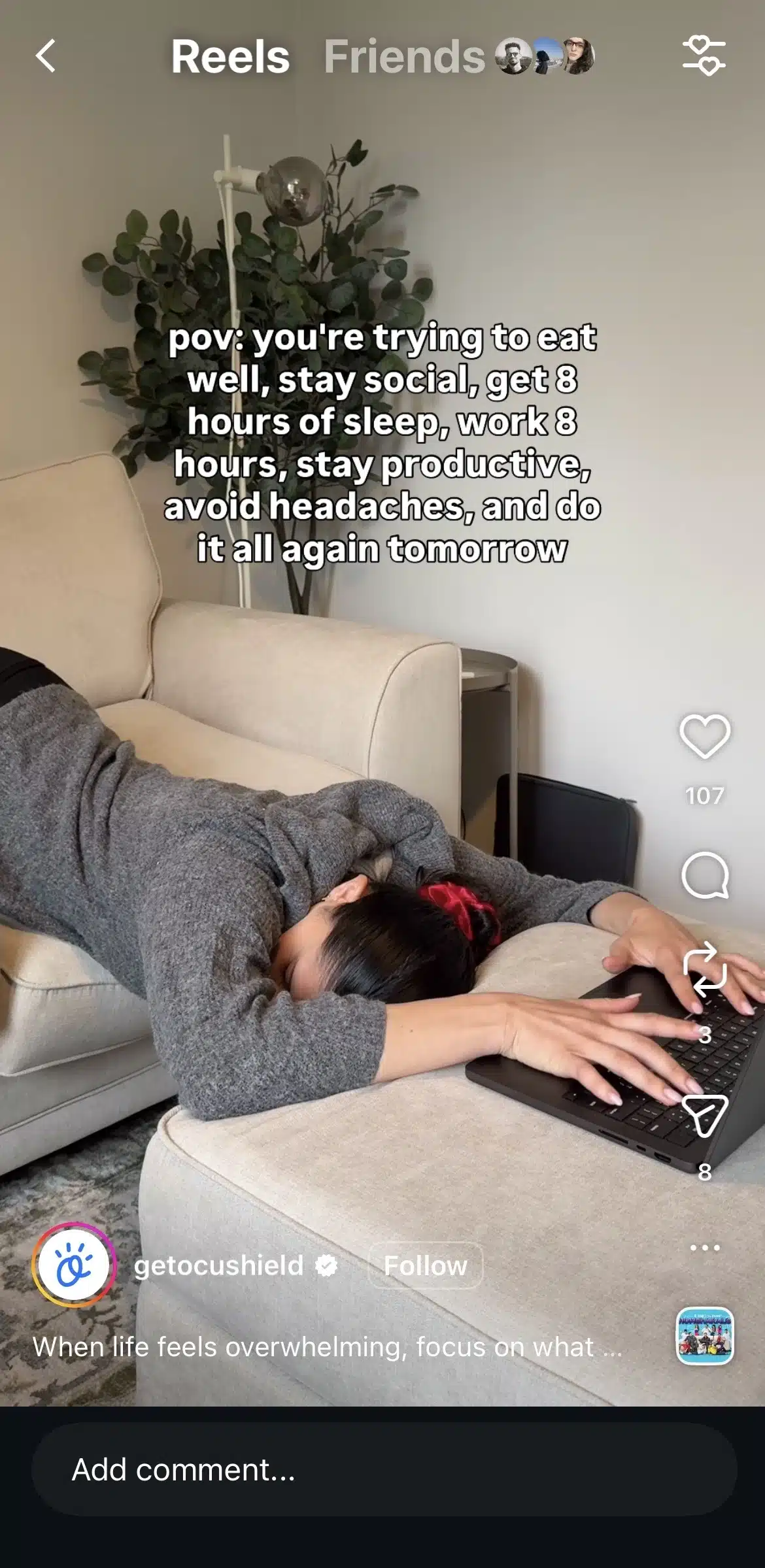 Instagram Reel from @getcushield showing a person lying face-down on a couch while using a laptop, with text describing the struggle of balancing healthy habits, work, productivity, and daily life responsibilities.