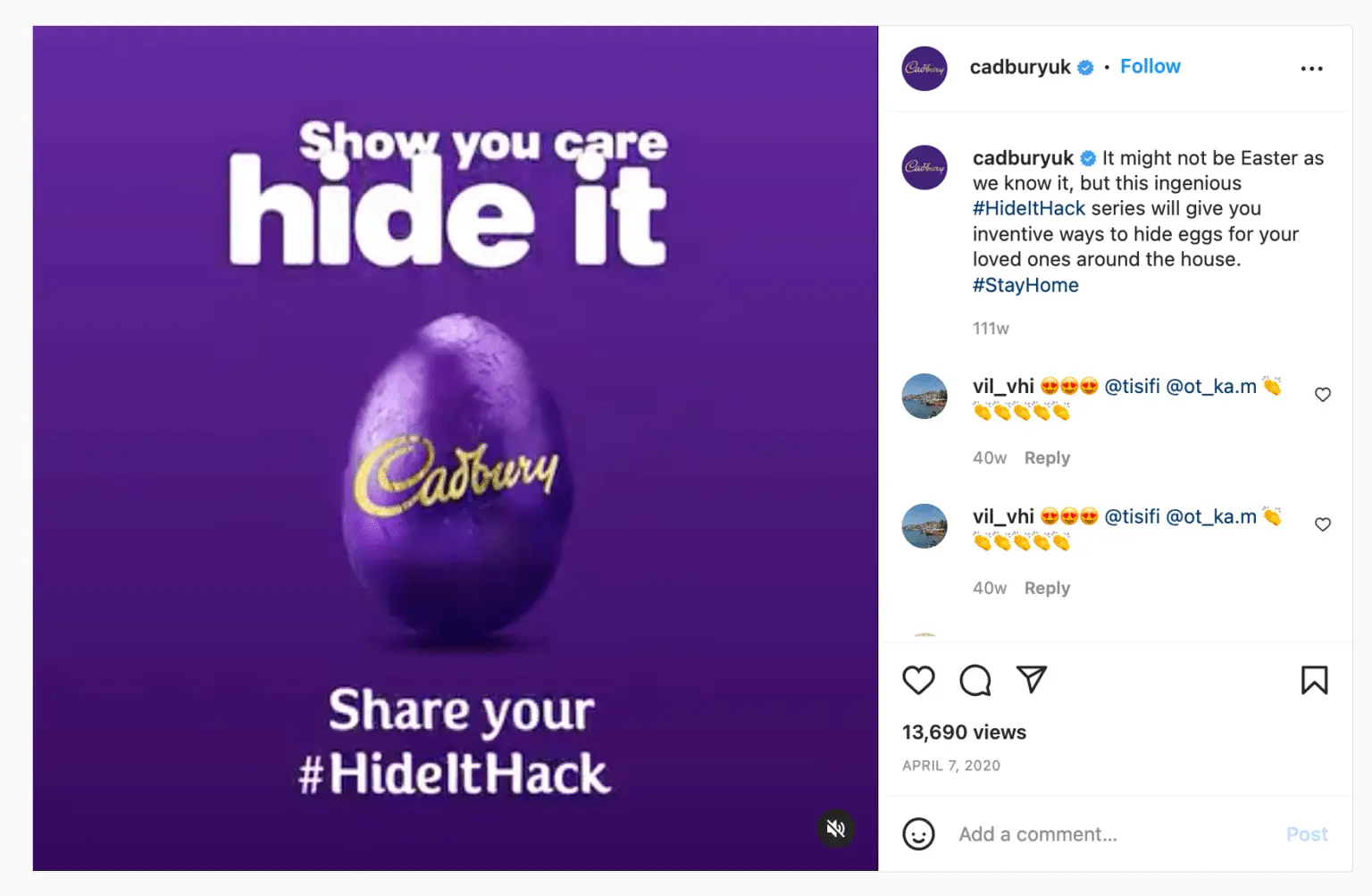 Instagram post featuring a solid purple background with a Cadbury chocolate egg centered in the frame. Large white text above the egg reads “Show you care hide it,” while additional white text below reads “Share your #HideItHack.” The Cadbury logo appears prominently on the egg. Instagram interface and caption panel visible on the right.