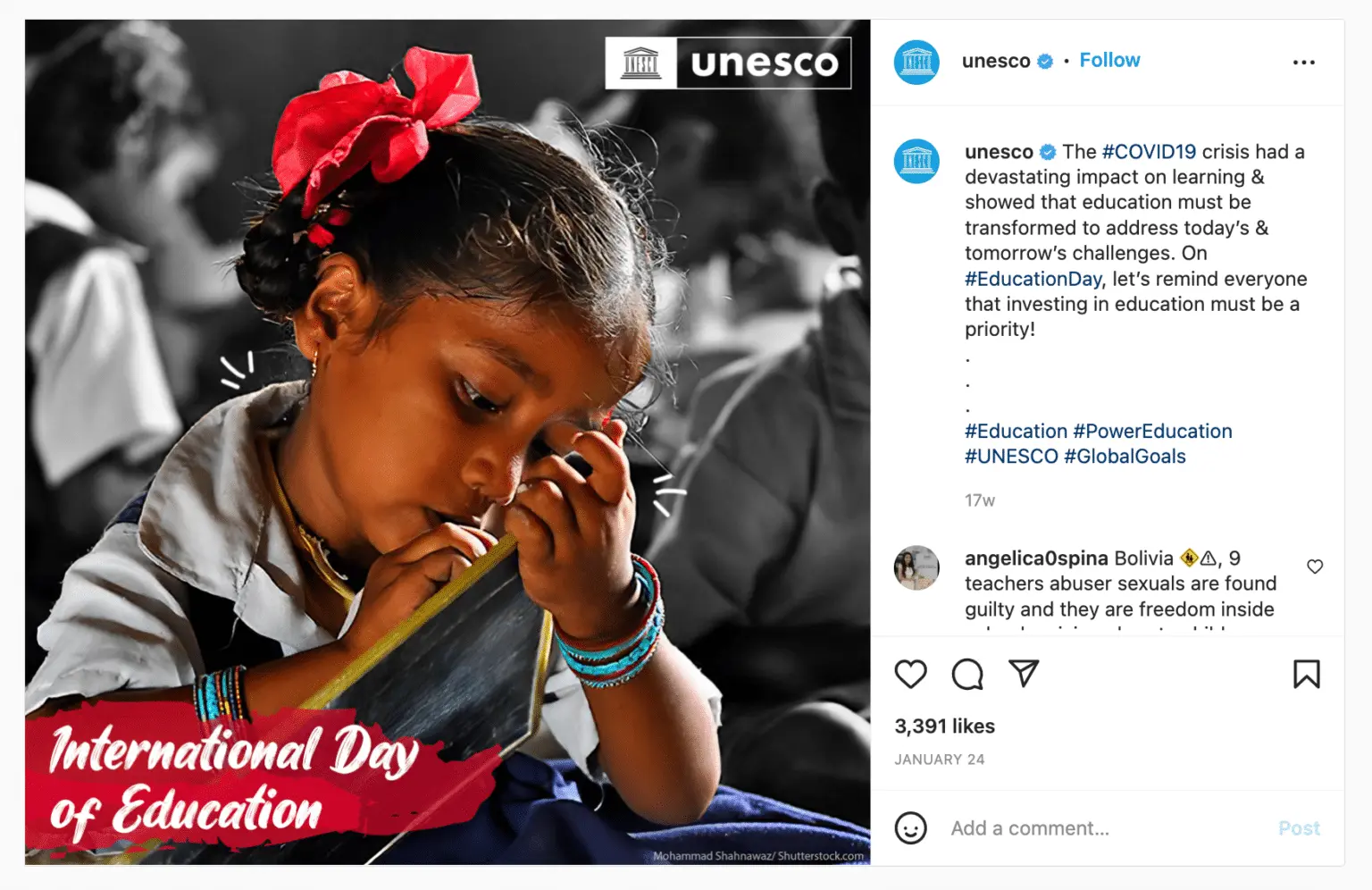 Instagram post featuring a young child in a classroom holding a small chalkboard. The child is in color while the background is mostly black and white, creating strong visual contrast. A red ribbon-style graphic in the lower corner contains the text “International Day of Education.” UNESCO branding appears at the top. Instagram interface visible.