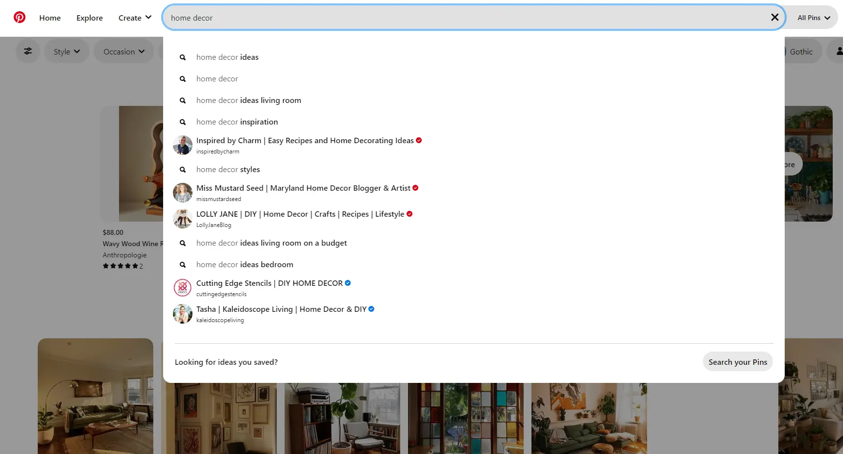 Pinterest search bar showing the query “home decor” with an autocomplete dropdown of related search suggestions. Suggestions include terms such as “home decor ideas,” “home decor inspiration,” “home decor styles,” and room-specific ideas. The interface also highlights popular home decor creators and blogs, demonstrating how Pinterest recommends keywords, accounts, and topics to help users refine their searches and discover relevant content.