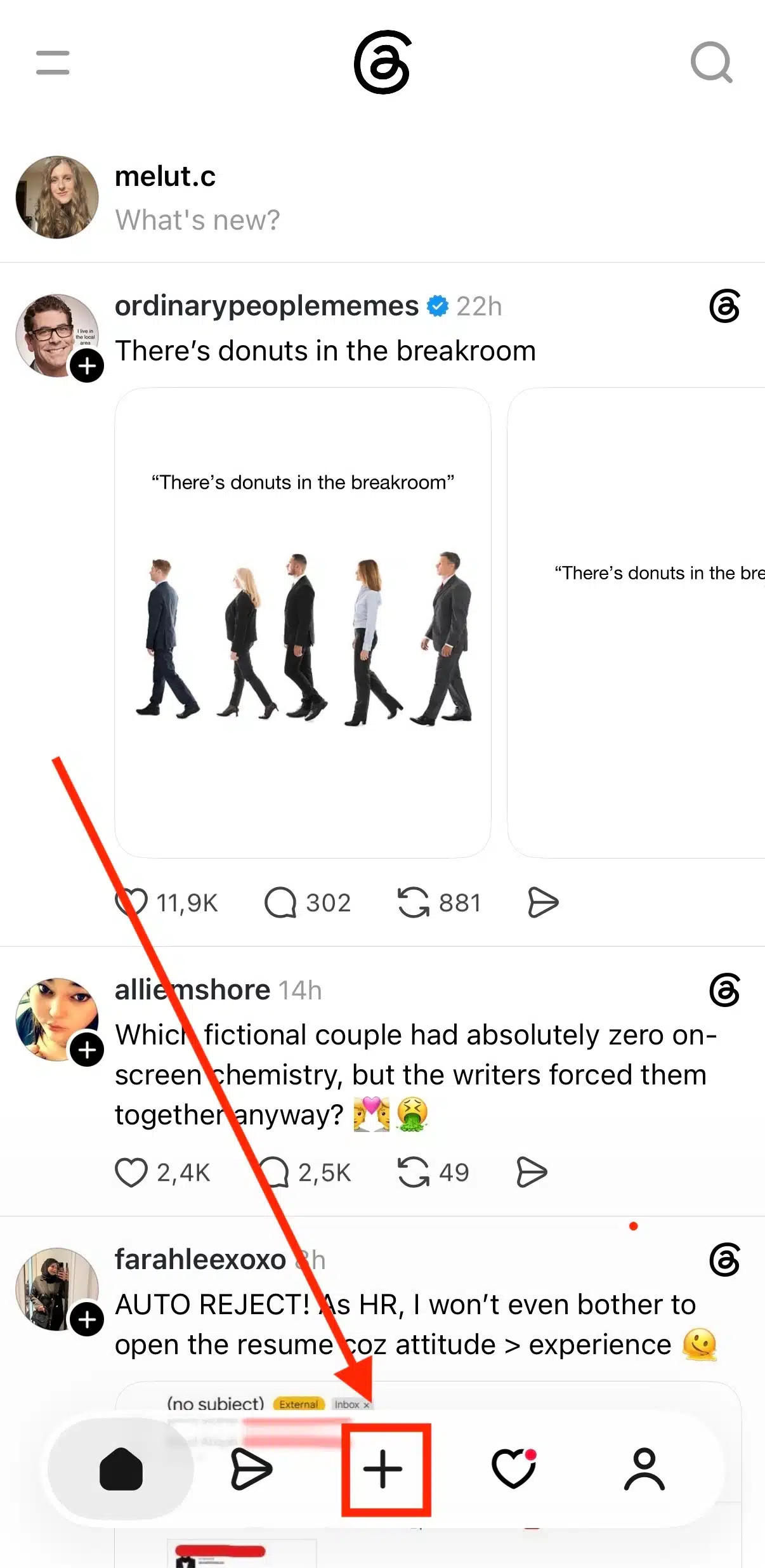 Threads home feed showing the bottom navigation bar with the Create Thread button highlighted. The screen displays a scrolling feed of posts, and the plus icon in the center navigation menu is indicated as the option for creating a new thread.