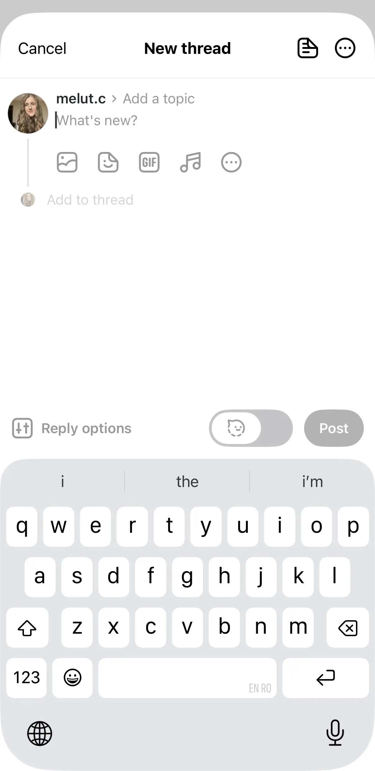 Threads mobile interface showing the New thread composer screen. The user's profile, melut.c, appears above a text field with the placeholder “What’s new?” and an option to add a topic. Below the text field are icons for adding photos, camera content, GIFs, music, and more attachments. The screen also includes an “Add to thread” option for creating a thread with multiple posts, reply settings, a toggle for fediverse sharing, and a disabled Post button that becomes active once content is added. An on-screen keyboard is open, indicating the user is ready to compose and publish a new Threads post.