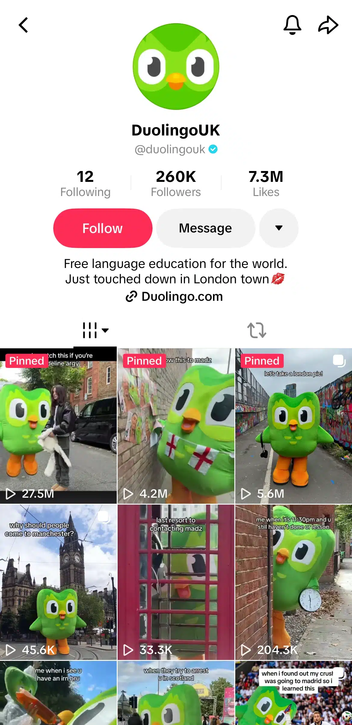 TikTok profile for @duolingoUK showing the verified Duolingo UK account with 260K followers and 7.3M likes. The profile features pinned videos of the Duolingo owl mascot in locations around the UK and includes a link to Duolingo.com.