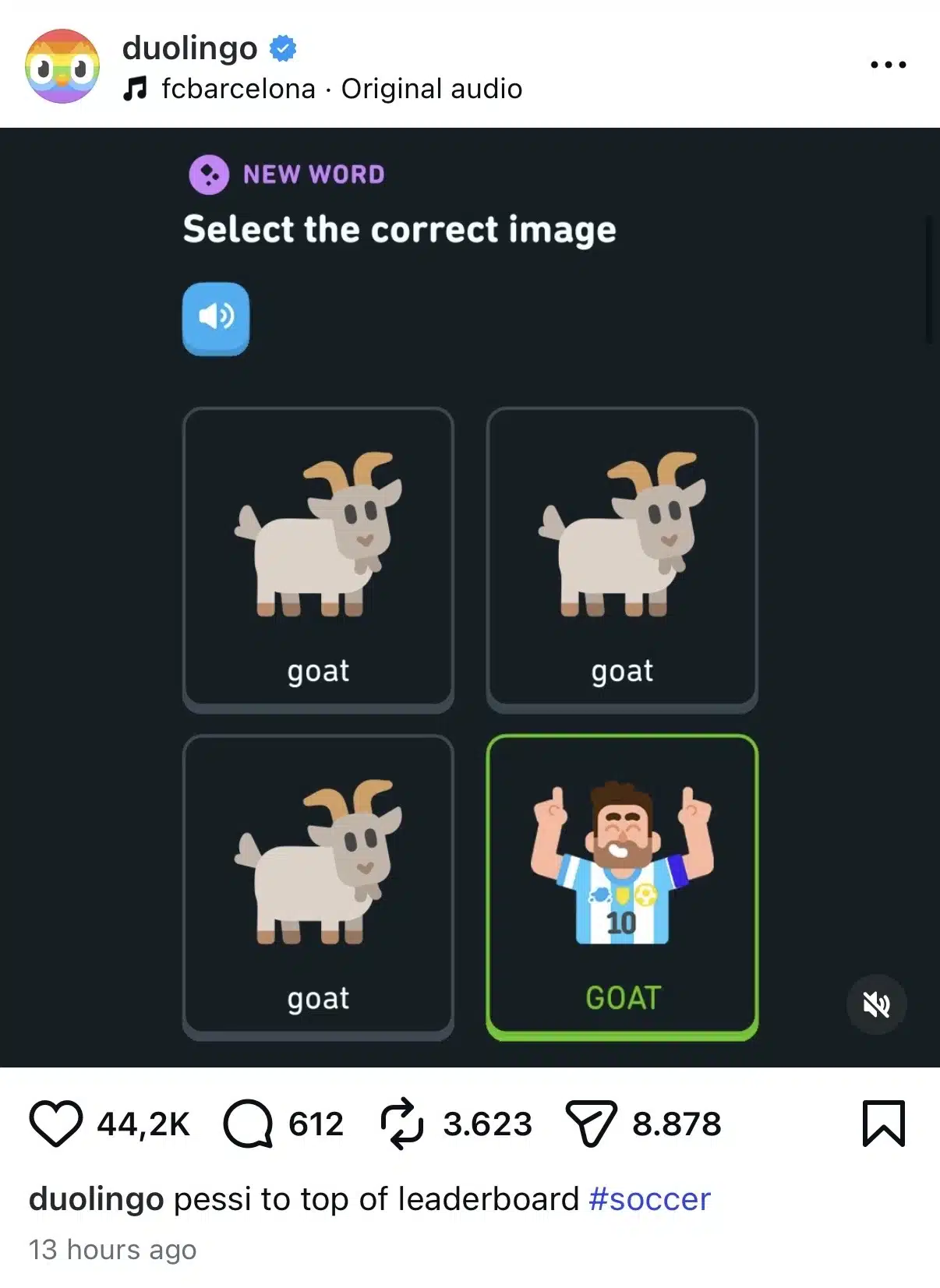 Instagram post from Duolingo parodying a language-learning quiz. The screen asks users to “Select the correct image” for the word “GOAT,” showing three goat illustrations and one soccer player in an Argentina jersey labeled “GOAT.” The post references Lionel Messi as the greatest of all time.