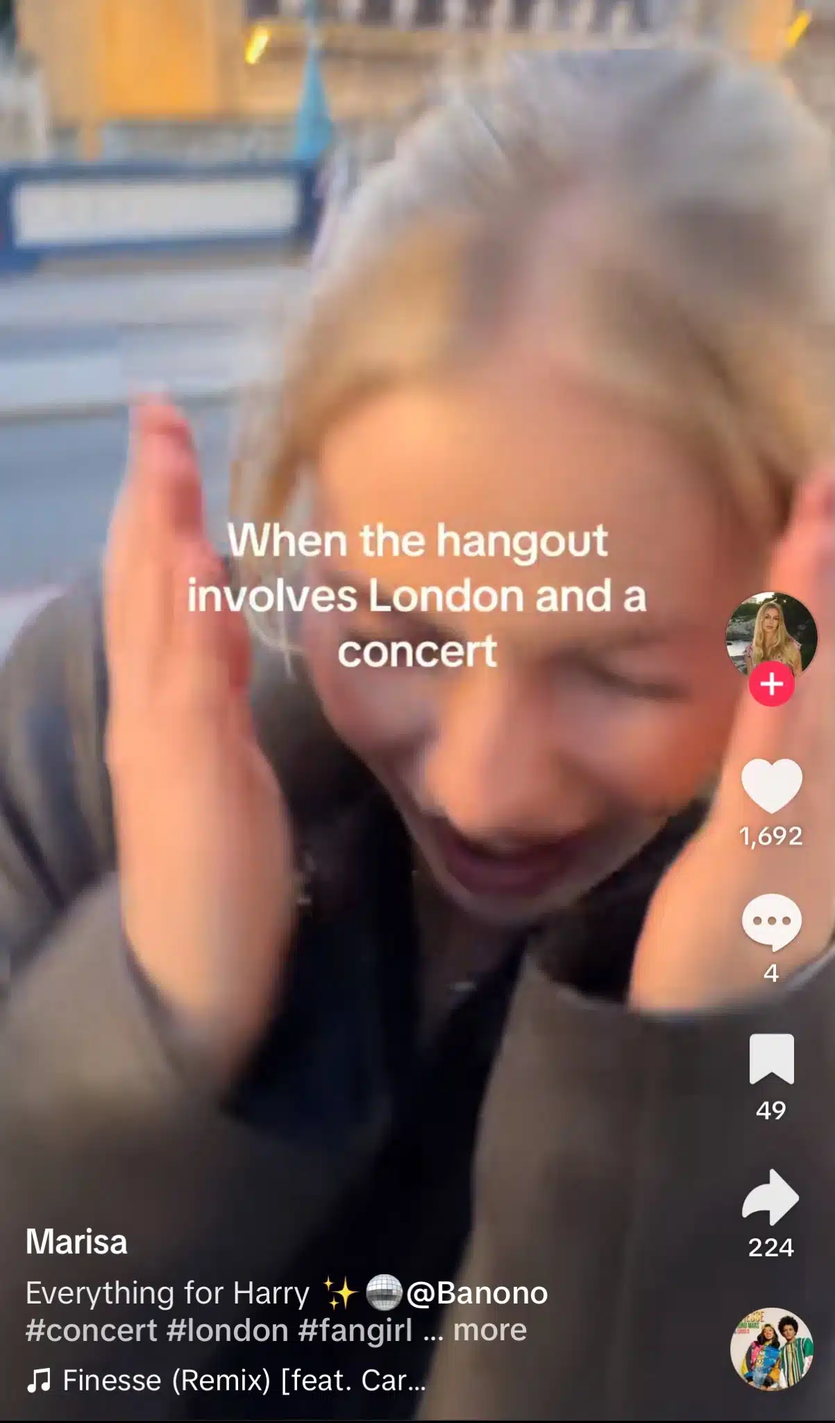 TikTok video from Marisa showing a woman reacting excitedly outdoors, with on-screen text reading “When the hangout involves London and a concert” and the TikTok interface displaying engagement metrics, hashtags related to concerts and London, and audio information.