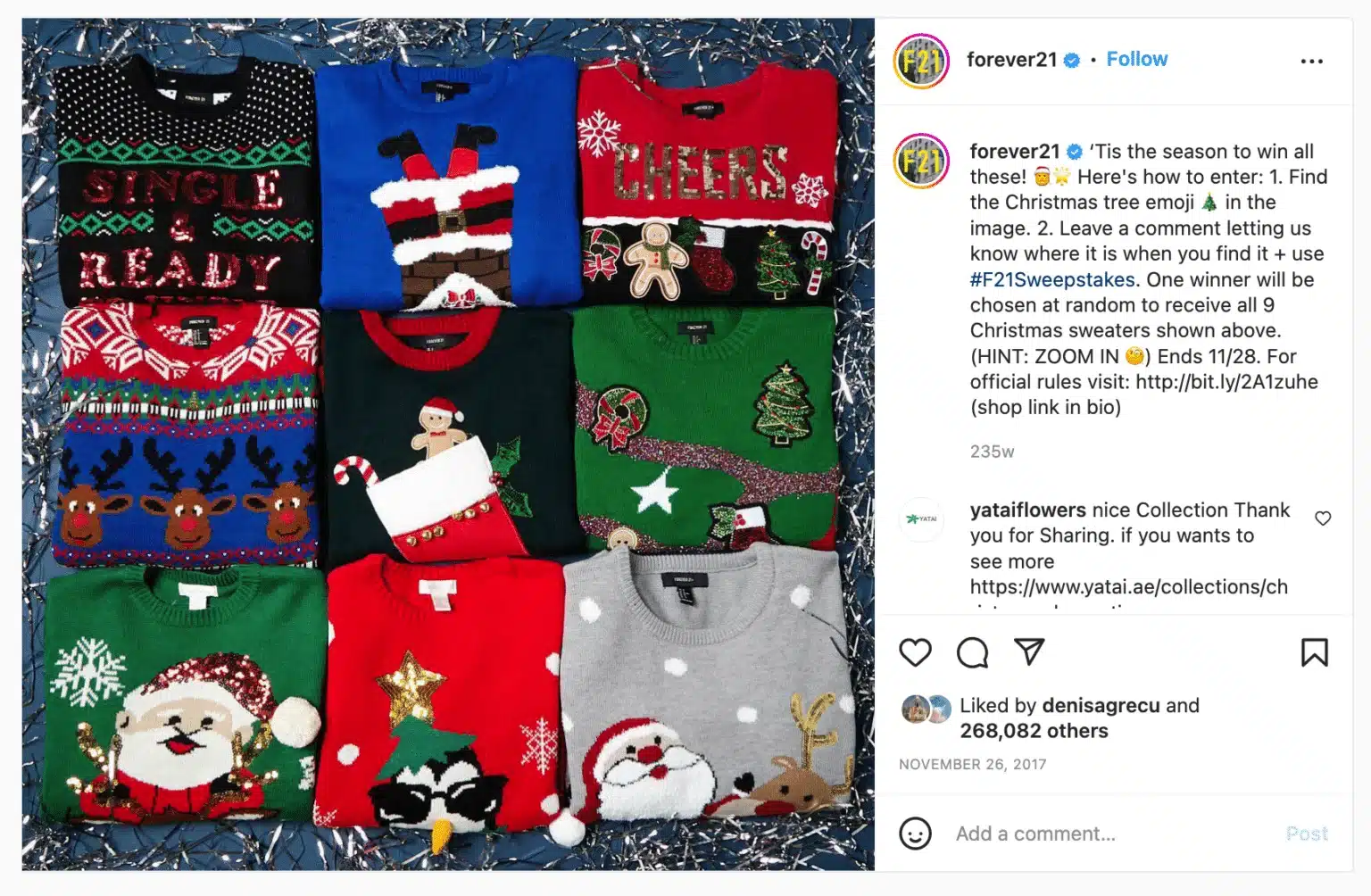 Flat-lay Instagram image displaying nine colorful Christmas sweaters arranged in a grid pattern on a festive tinsel background. Sweaters feature holiday-themed designs including Santa Claus, reindeer, stockings, snowflakes, Christmas trees, and festive text. Giveaway instructions are visible in the accompanying caption. Instagram interface visible.