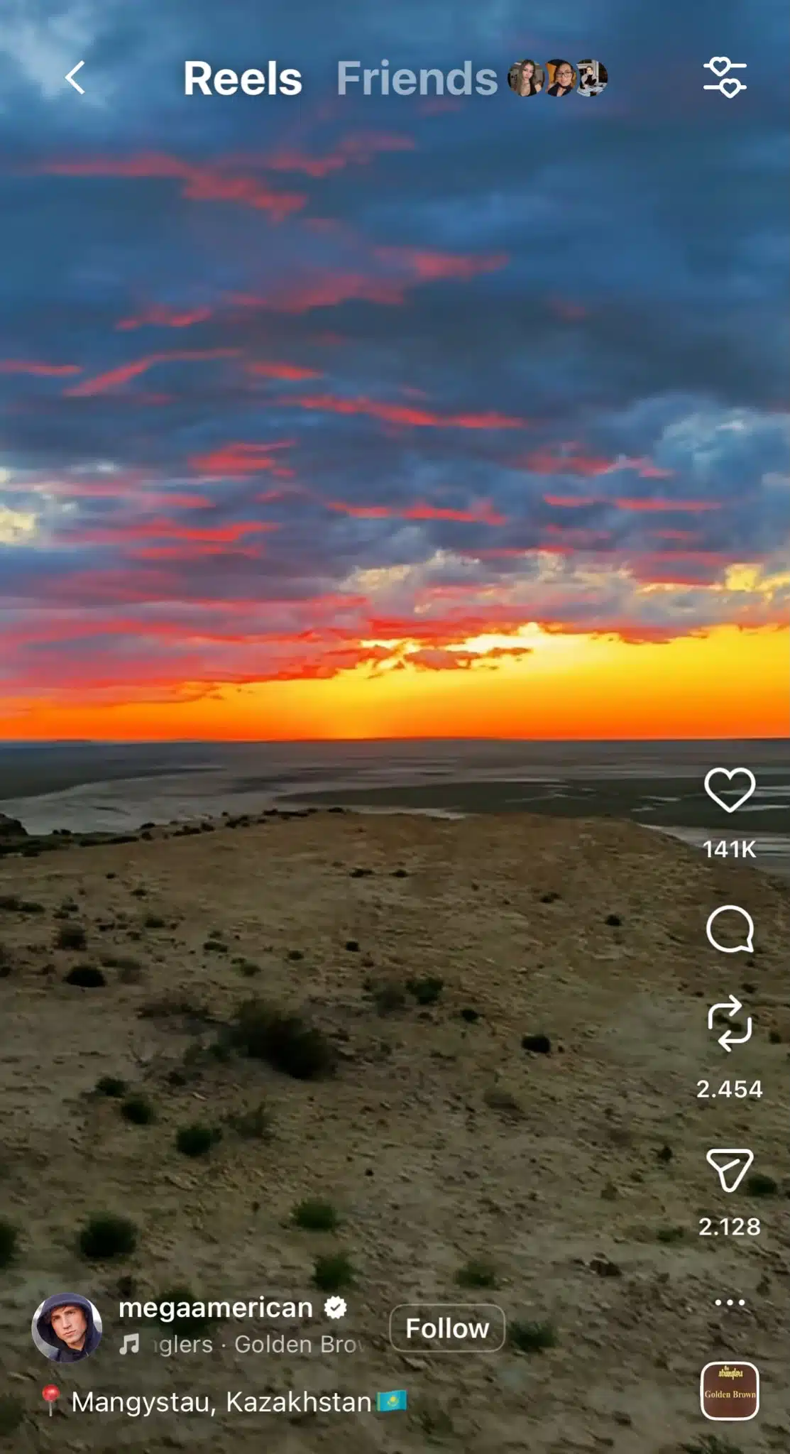 Instagram Reel from @megaamerican showing a sunset landscape in Mangystau, Kazakhstan, with the Reel interface displaying engagement metrics, audio information, and follow button.