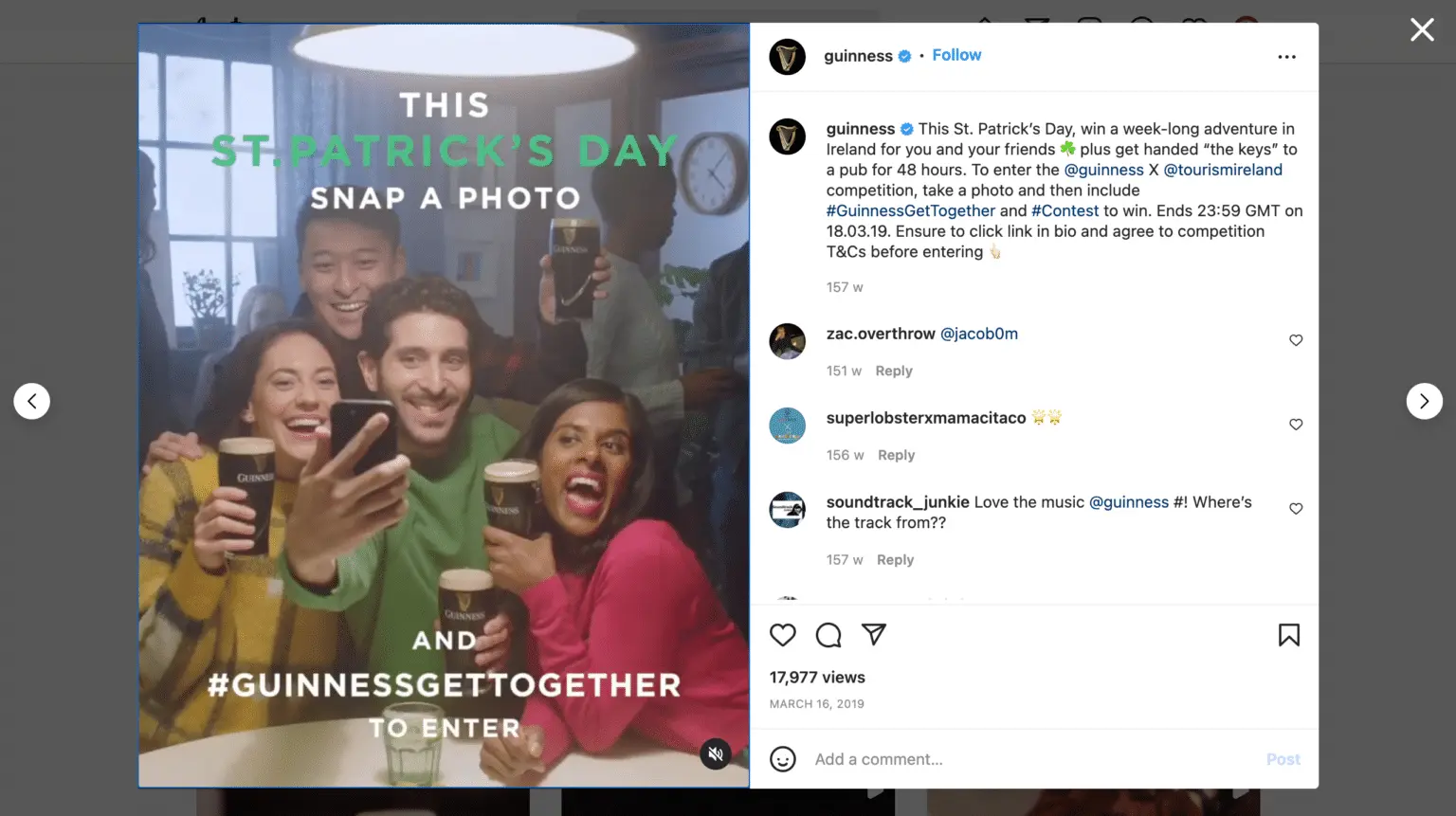 Instagram post showing a group of four friends gathered in a pub, smiling and taking a selfie while holding pints of Guinness. Large overlay text reads “THIS ST. PATRICK’S DAY SNAP A PHOTO AND #GUINNESSGETTOGETHER TO ENTER.” Warm indoor lighting and social atmosphere. Instagram interface visible.