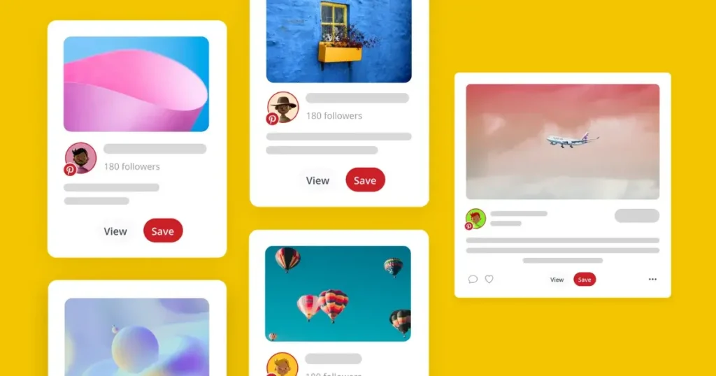 Pinterest-style interface displaying several content cards arranged on a bright yellow background. The cards feature colorful images including abstract artwork, a blue wall with a flower box, an airplane in the sky, and hot air balloons. Each card includes profile information, follower counts, and “View” and “Save” buttons, illustrating a social media content discovery and bookmarking platform.