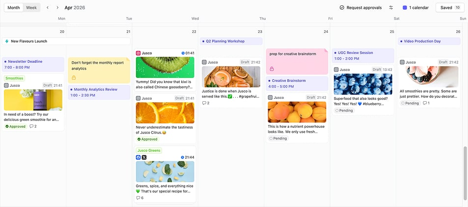 Planable’s calendar view showing scheduled workshops, review sessions, deadlines, and social media content posts with images awaiting approval.