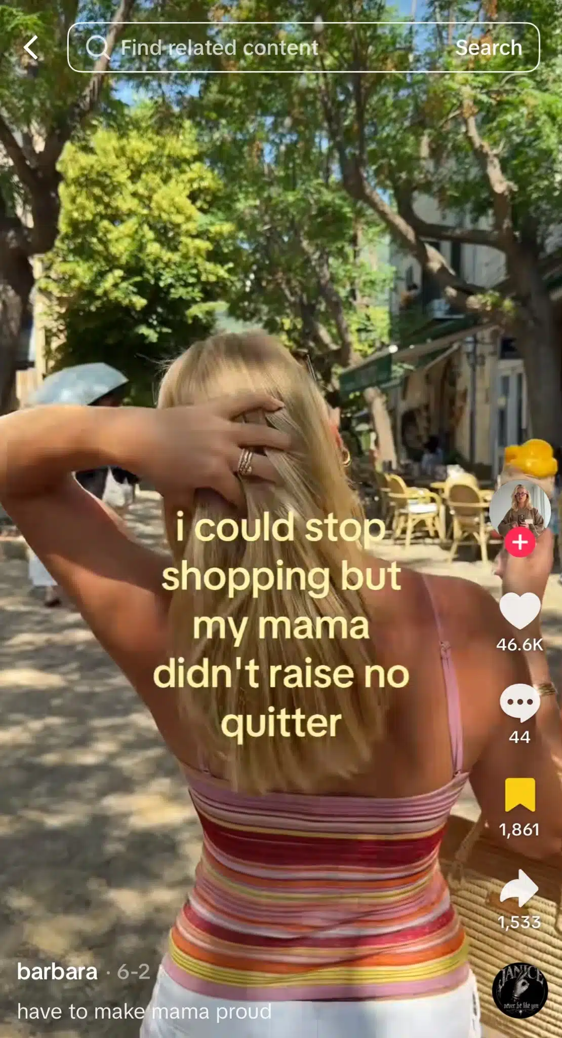 A woman with long blonde hair walks down a tree-lined street lined with cafés and outdoor seating while holding a yellow ice cream cone. Overlay text reads, “i could stop shopping but my mama didn’t raise no quitter.”