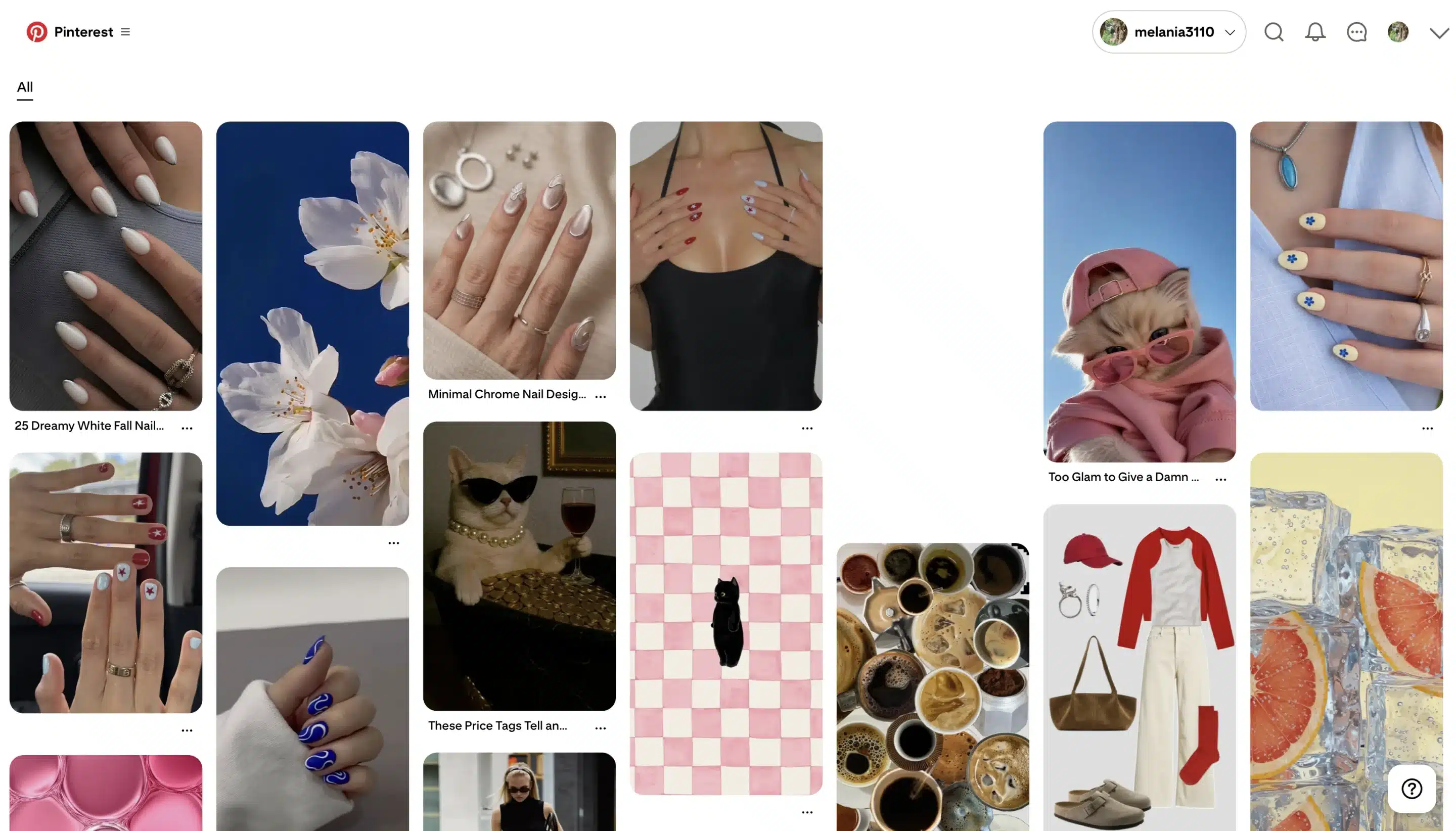 Pinterest home feed displaying a masonry-style grid of inspiration posts. The page features nail art designs, floral photography, fashion and beauty content, aesthetic cat images, outfit collages, coffee-themed photos, and colorful lifestyle imagery. The Pinterest navigation bar appears at the top with search, notifications, profile, and account controls, while content is arranged in vertically stacked columns typical of Pinterest’s browsing experience.