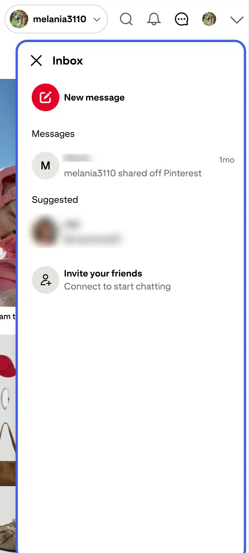 Pinterest inbox panel showing the platform’s direct messaging feature. The panel includes a “New message” button, a list of recent conversations, suggested contacts, and an option to invite friends. The interface is accessed from the message icon in the top navigation bar and allows users to share Pins and communicate with other Pinterest users.