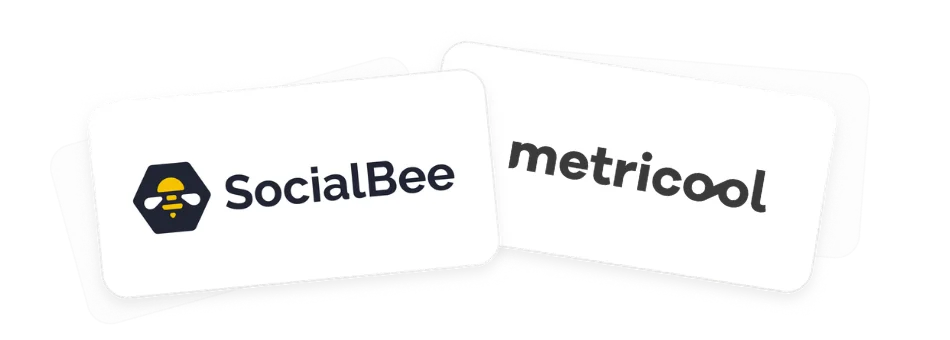 Overlapping card-style graphic displaying the SocialBee and Metricool logos side by side on white rounded rectangles.