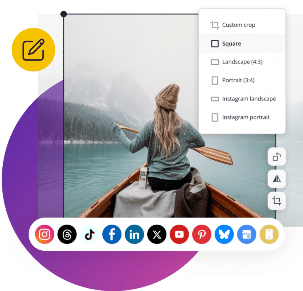 SocialBee post editor showing image cropping options for different formats and social media platforms including Instagram, Facebook, LinkedIn, and TikTok
