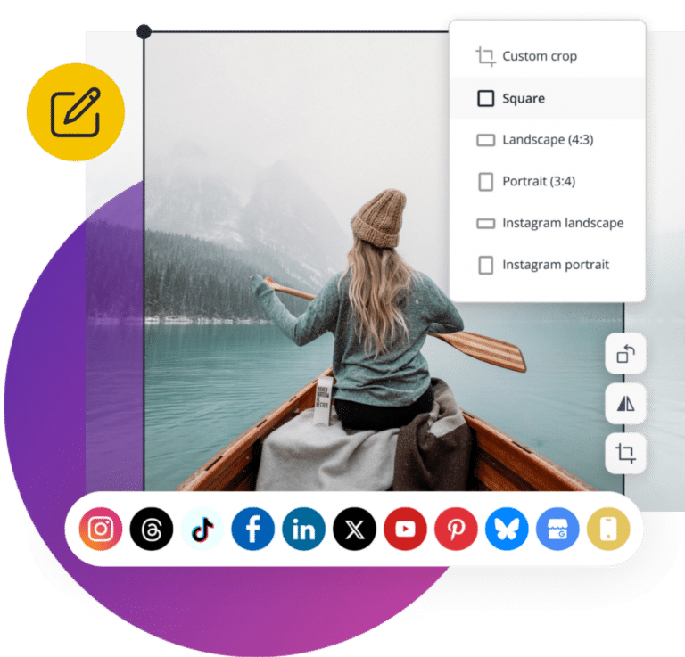 SocialBee post editor showing image cropping options for different formats and social media platforms including Instagram, Facebook, LinkedIn, and TikTok
