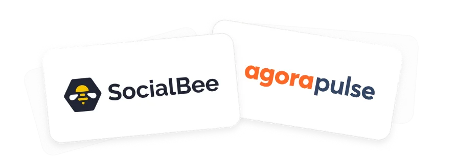 Overlapping card-style graphic displaying the SocialBee and Agorapulse logos side by side on white rounded rectangles.