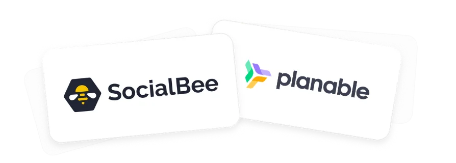 Overlapping card-style graphic displaying the SocialBee and Planable logos side by side on white rounded rectangles.