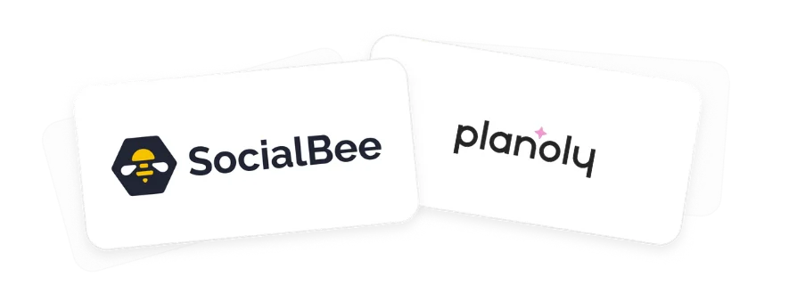 Overlapping card-style graphic displaying the SocialBee and Planoly logos side by side on white rounded rectangles.