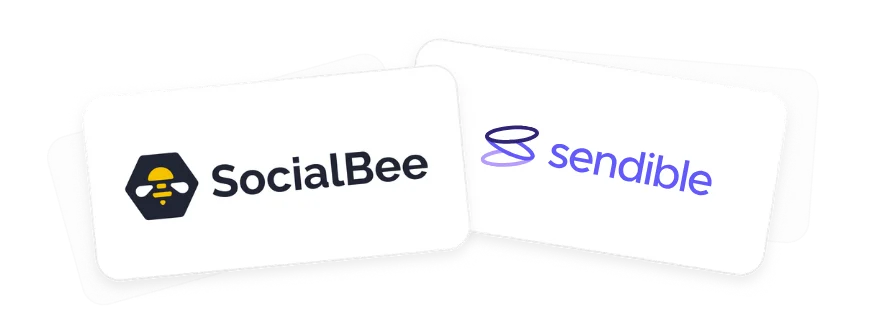 Overlapping card-style graphic displaying the SocialBee and Sendible logos side by side on white rounded rectangles.