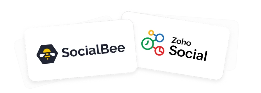 Overlapping card-style graphic displaying the SocialBee and Zoho Social logos side by side on white rounded rectangles.