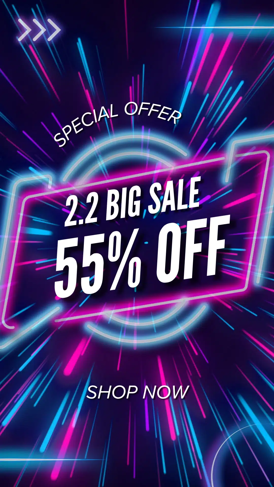 Un gráfico promocional de estilo neón con rayos de luz rosas y azules que se extienden por un fondo oscuro. En letras grandes se lee: «2.2 GRAN REBAJA 55 % DE DESCUENTO», con «OFERTA ESPECIAL» arriba y «COMPRA AHORA» abajo.