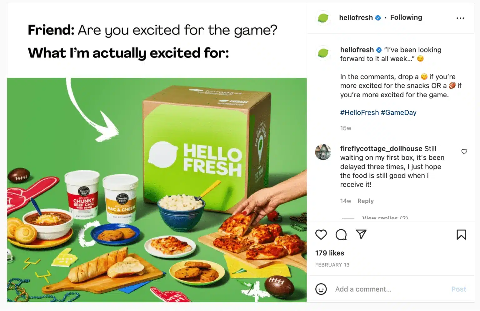 Promotional Instagram graphic featuring a green background and a HelloFresh meal kit box surrounded by game-day foods including pizza slices, breadsticks, chili, macaroni and cheese, cookies, and popcorn. Large headline text reads, “Friend: Are you excited for the game? What I’m actually excited for:” with an arrow pointing toward the food spread. Football-themed props are scattered throughout the image.