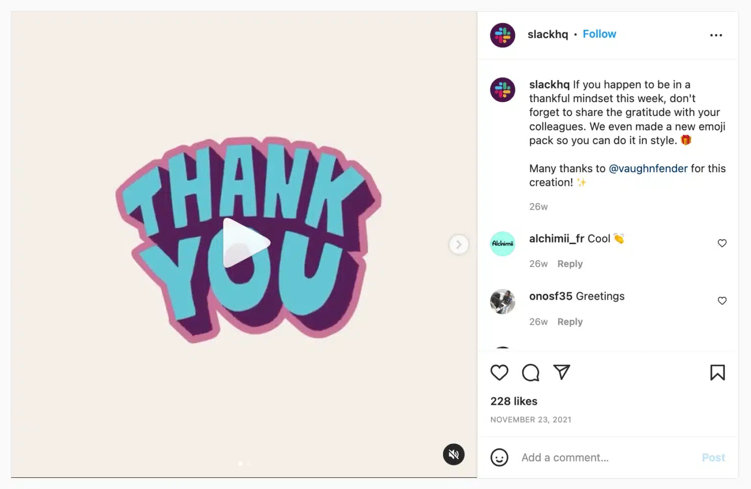 Instagram video thumbnail featuring stylized blue text reading “THANK YOU” outlined in purple against a light neutral background. A play button overlay appears in the center. Minimalist design focused entirely on the gratitude message. Instagram interface visible.