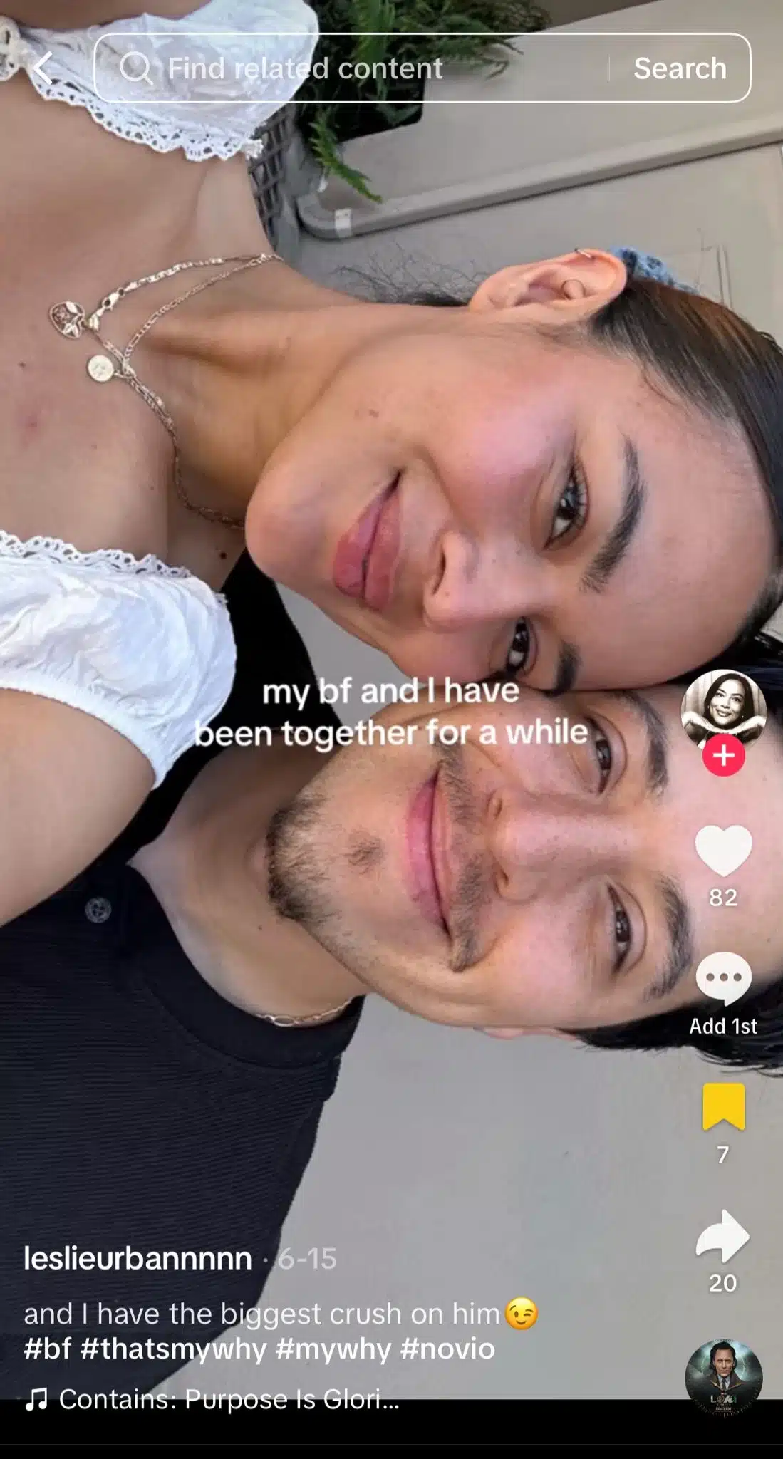 Close-up selfie of a couple smiling with their heads together. On-screen text reads, “my bf and I have been together for a while.”