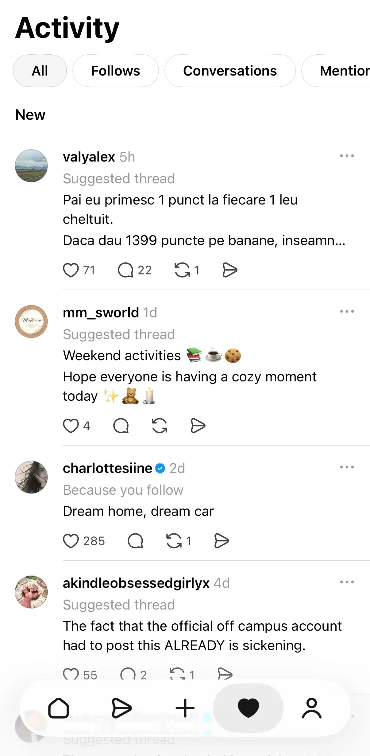 Threads Activity page displaying notifications and suggested threads. The screen includes filter tabs such as All, Follows, Conversations, and Mentions, along with a feed of account activity and recommended content.